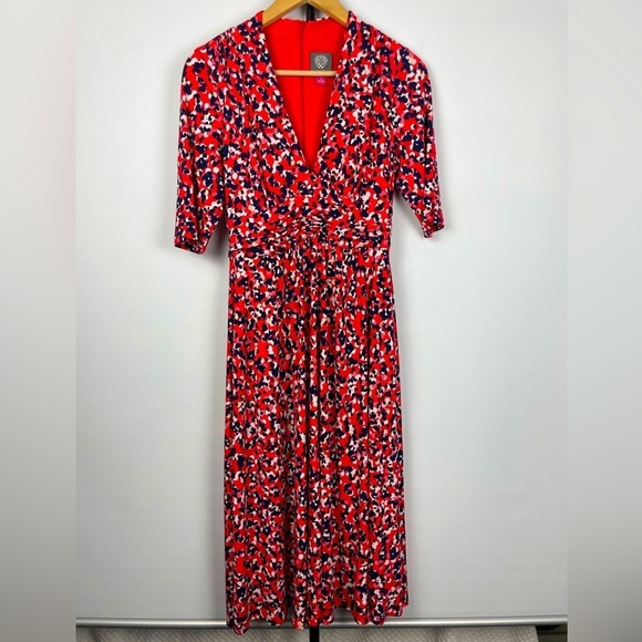 Vince Camuto Red Dot Printed Midi V-Neck 3/4 Sleeve Dress - Picture 1 of 7